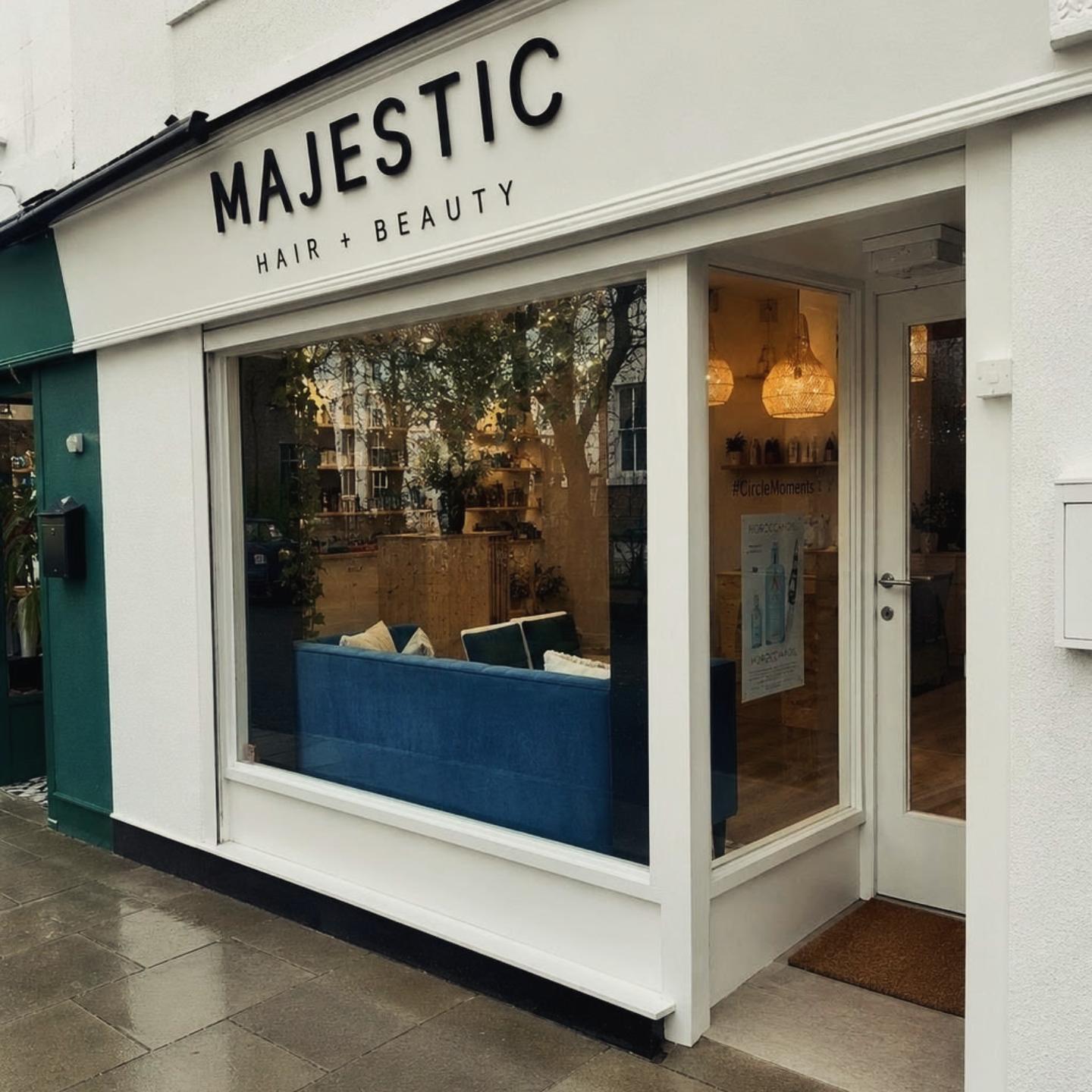 Majestic Hair + Beauty shopfront on Bridge Road, West Kirby. Nichola Colligan Medical Aesthetics is upstairs.